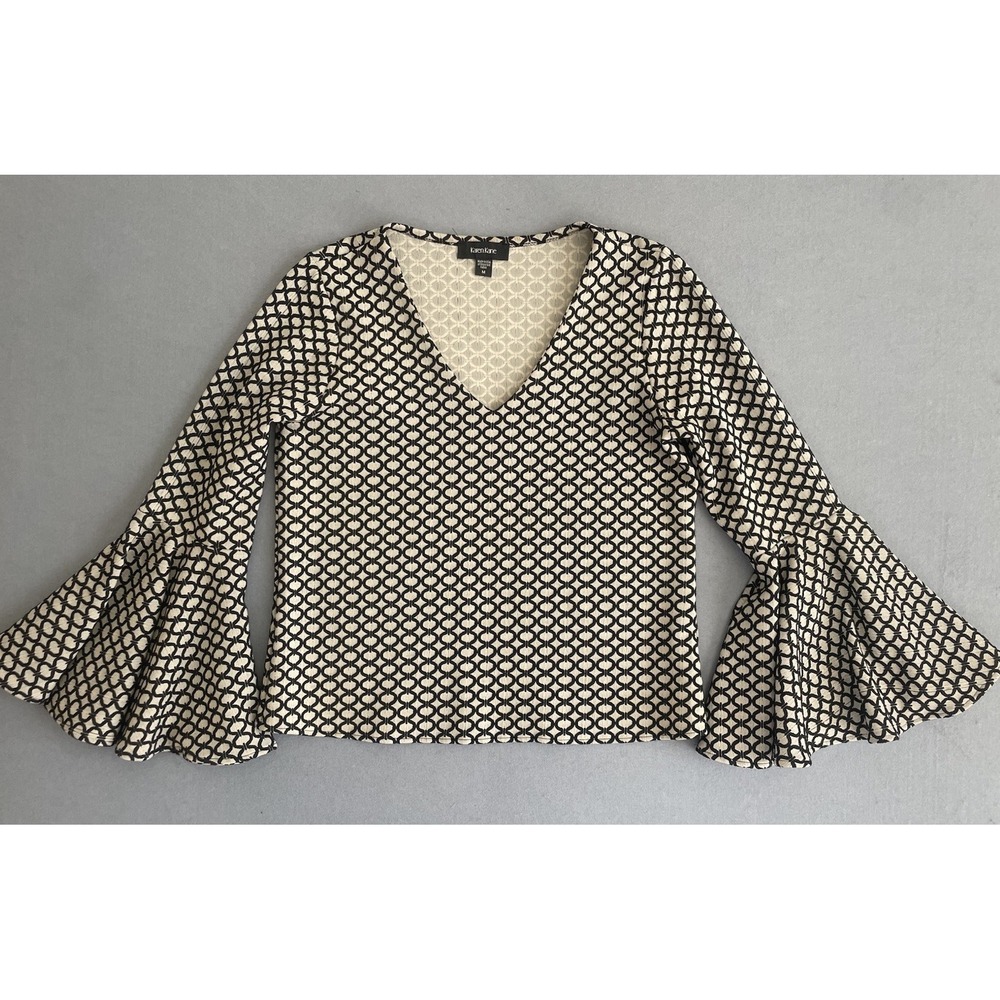 Karen Kane Top Women L Black White Bell Artsy Blouse Tapestry Office Retro‎ Mod